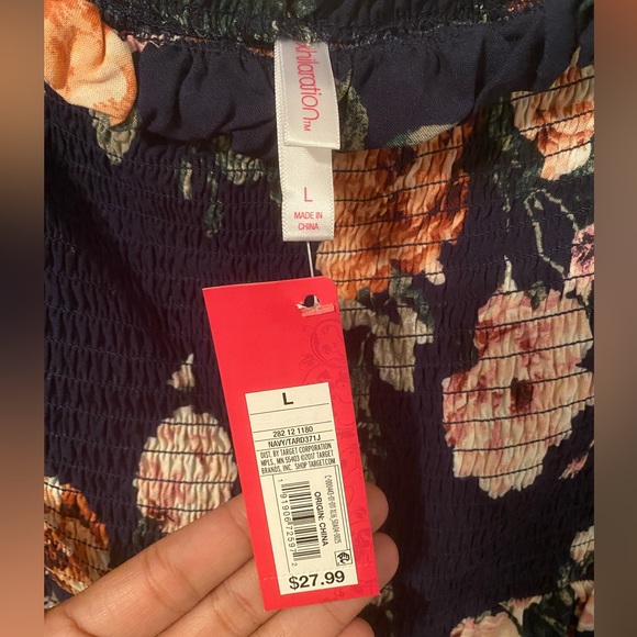 Xhilaration Navy Blue Peasant Long Sleeve Pink Floral Spring Dress Large. NWT - Picture 4 of 5